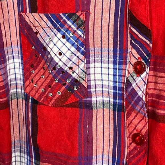 Justice Girls 14 Plaid Button Down Shirt Red Blue Long Sleeve Tie Waist Fall - Picture 8 of 9